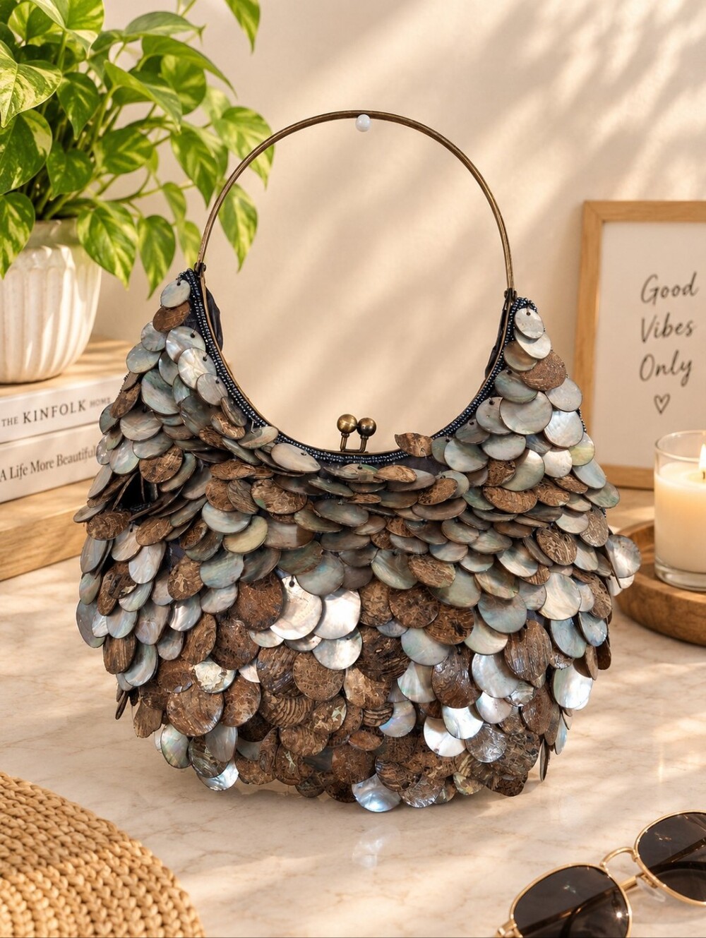 Chico's Seashell-Embellished Hobo Bag - Brown & Iridescent